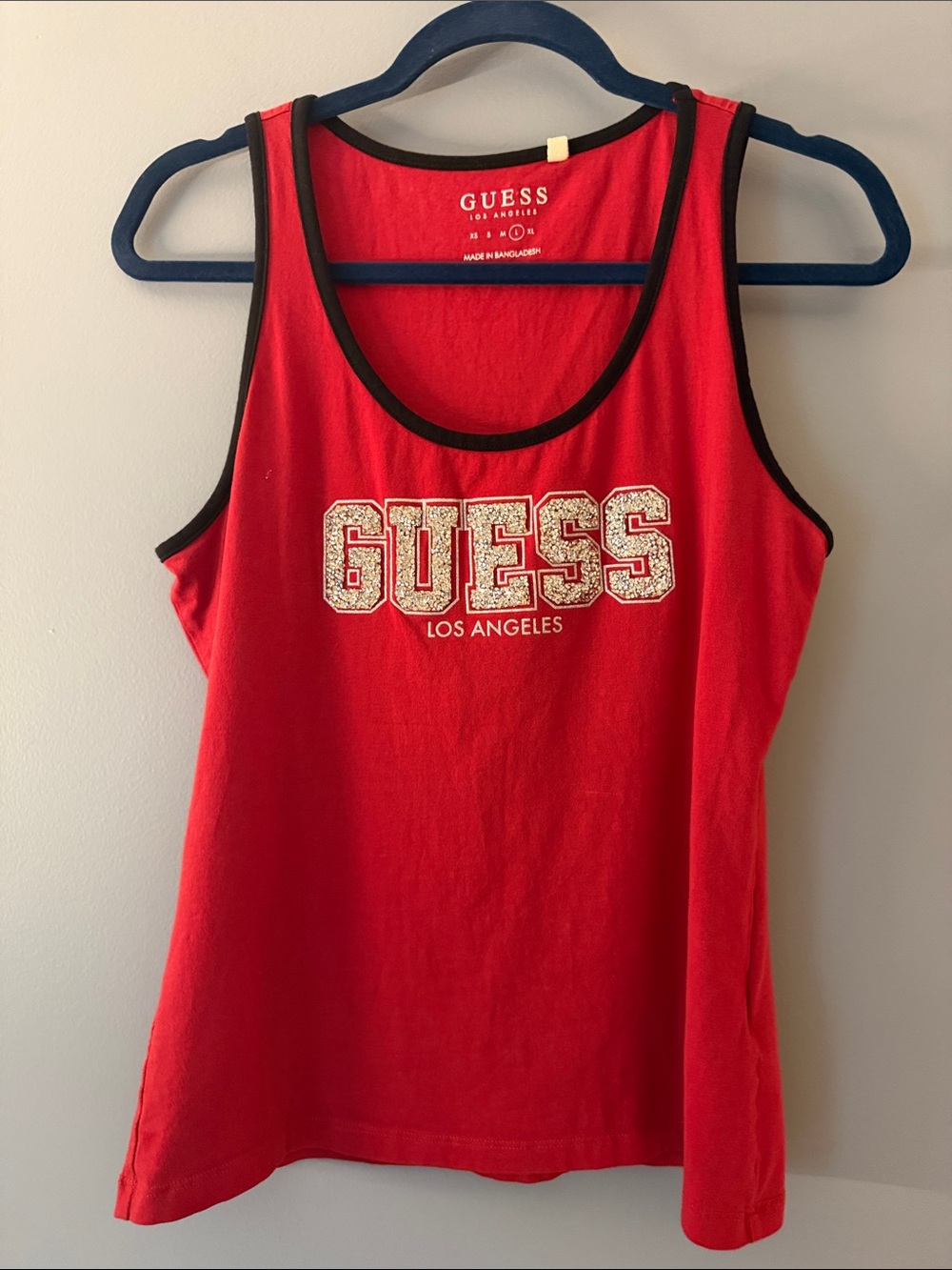 GUESS Red Tank Top with Black Trim and Glitter Logo Large Like New
